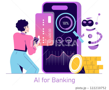 AI for Banking concept. A person interacts with an advanced AI banking application analyzing financial data. Modern finance management, intelligent technology. Vector illustration. 122210752