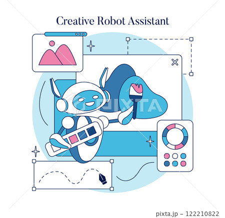 Automation in creativity concept. A robot painting on a digital tablet reflects the fusion of technology and art. Tools fuel artistic expression. Vector illustration. 122210822