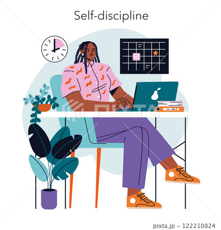 Remote Work concept. Woman at desk maintaining productivity with calendar and clock, emphasizing self-discipline. Home office routine. Vector illustration. 122210824
