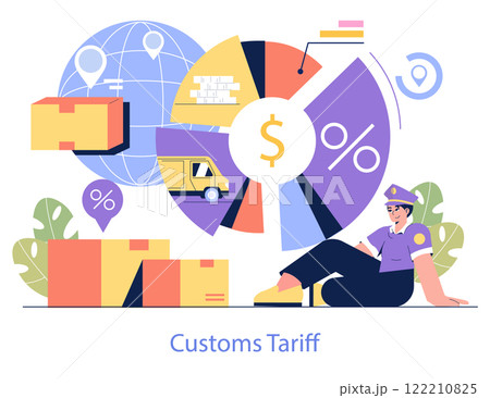 Customs Tariff concept. Visual interpretation of import taxation, showcasing global trade logistics, duties, and economic policy. Vector illustration. 122210825