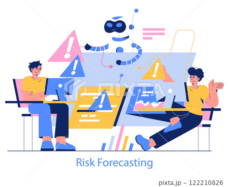 Risk Forecasting concept. Team analyzes potential threats with AI assistance. Data-driven decision making, proactive planning in business. Vector illustration. 122210826