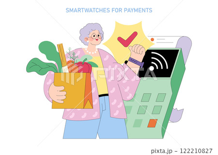 Senior woman using smartwatch for contactless payment at grocery checkout. Modern payment convenience. Vector illustration. 122210827
