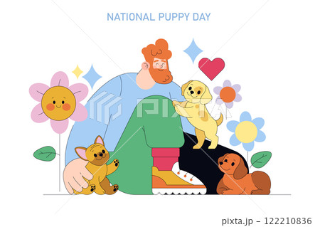 A joyful illustration of a man happily surrounded by cute puppies on National Puppy Day, full of love and cheer A joyful illustration of a man happily surrounded by cute puppies on National Puppy Day, full of love and cheer 122210836