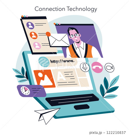 Remote Work concept. Digital communication tools displayed on a laptop with a user engaged in professional tasks. Telecommuting, online interaction, and modern work environment. Vector illustration. Remote Work concept. Digital communication tools displayed on a laptop with a user engaged in professional tasks. Telecommuting, online interaction, and modern work environment. Vector illustration. 122210837
