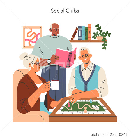 Senior social club concept. Elderly friends enjoy leisure time together, engaging in board games and reading. Cozy, inclusive retirement activities. Vector illustration. 122210841