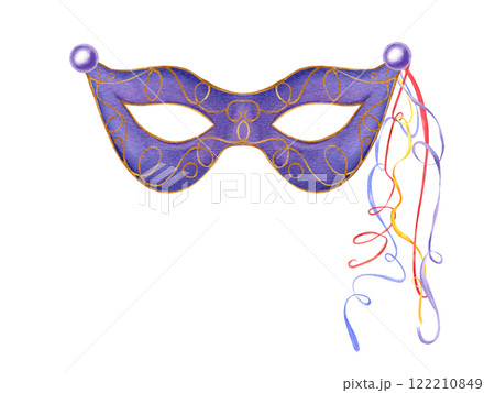 Carnival party purple mask with swirl colored ribbons watercolor illustration isolated background. Purim, Fat Tuesday and Mardi Gras masquerade festival element for greeting cards, poster. 122210849
