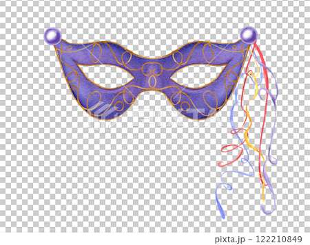 Carnival party purple mask with swirl colored ribbons watercolor illustration isolated background. Purim, Fat Tuesday and Mardi Gras masquerade festival element for greeting cards, poster. 122210849