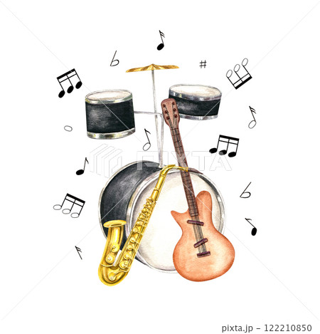 Watercolor drum kit, electric guitar, saxophone with flying musical notes illustration composition. Musical instrument in realistic style. Orchestra elements for jazz, rock festival poster 122210850