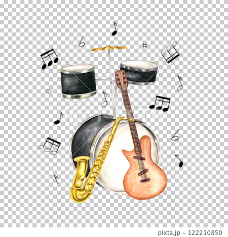 Watercolor drum kit, electric guitar, saxophone with flying musical notes illustration composition. Musical instrument in realistic style. Orchestra elements for jazz, rock festival poster 122210850