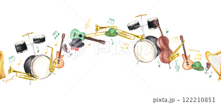 Watercolor musical classical instruments, colored hats, retro music microphone and flying musical notes seamless banner isolated background. Orchestra equipment pattern for jazz, rock festival decor 122210851