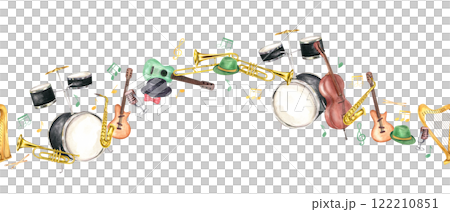 Watercolor musical classical instruments, colored hats, retro music microphone and flying musical notes seamless banner isolated background. Orchestra equipment pattern for jazz, rock festival decor 122210851