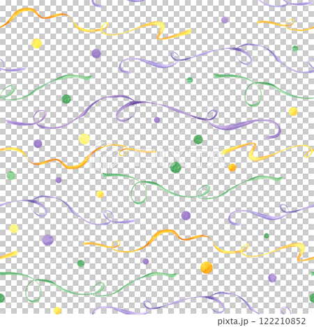 Watercolor swirl elegance yellow, green, purple ribbons, beads seamless pattern isolated background. Mardi gras carnival illustration for decorating gifts, birthday package design 122210852