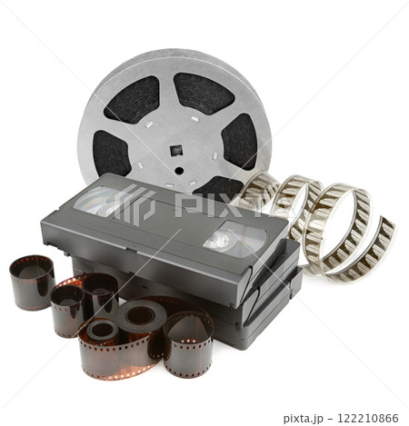 Film strip, film and videotapes isolated on white background. 122210866