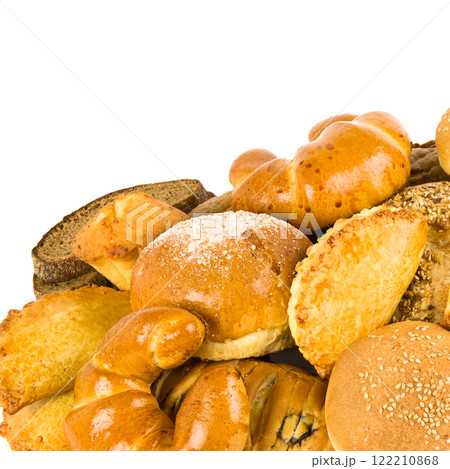 Croissants and sweet pastries isolated on white. Free space for text. Croissants and sweet pastries isolated on white. Free space for text. 122210868