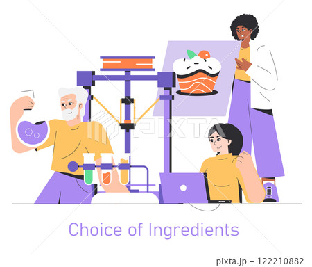 Innovative culinary technology concept. People using a 3D printer to create edible food. Modern kitchen invention, choice of ingredients. Vector illustration. 122210882