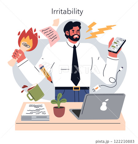Burnout concept. A man overwhelmed by work tasks exhibits stress and irritability at his cluttered desk. Professional fatigue representation. Vector illustration. 122210883