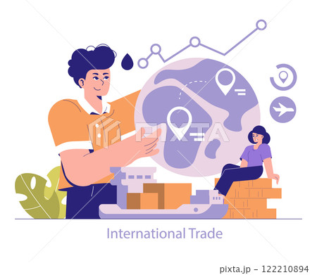 International Trade concept. Animated workers manage global logistics and commerce activities with a planet and location pins. Flat vector illustration. 122210894