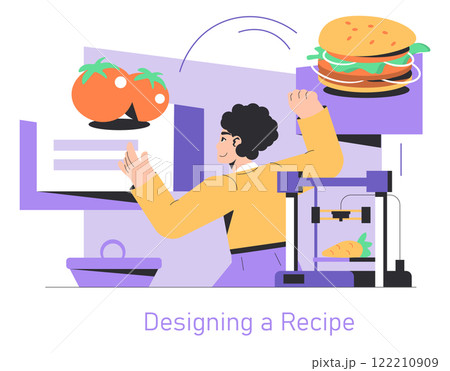Food Printing concept. Future technology in gastronomy with a chef using 3D printer to create a burger. Innovative cuisine, recipe design. Vector illustration. Food Printing concept. Future technology in gastronomy with a chef using 3D printer to create a burger. Innovative cuisine, recipe design. Vector illustration. 122210909