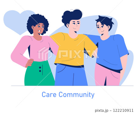 Care Community concept. Three diverse friends sharing a supportive moment with a heart symbol in the background. Togetherness, friendship, and social support. Vector illustration. Care Community concept. Three diverse friends sharing a supportive moment with a heart symbol in the background. Togetherness, friendship, and social support. Vector illustration. 122210911