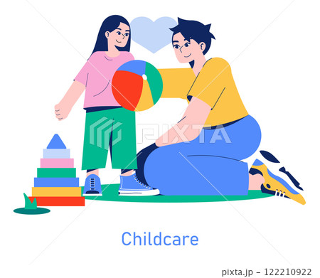 Care Day concept. Adult and child engaging in playful interaction with a ball. Nurturing family bonds through joyful activities. Vector illustration. 122210922