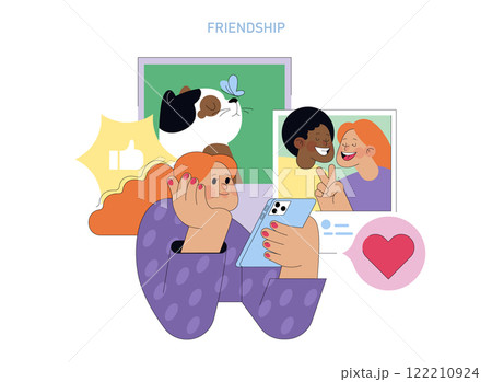 Human Values concept. Woman connecting with friends online, expressing love and companionship, showing the essence of friendship. Vector illustration. Human Values concept. Woman connecting with friends online, expressing love and companionship, showing the essence of friendship. Vector illustration. 122210924