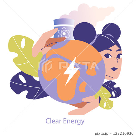 Nuclear energy concept. A person cradles a globe with a power symbol, promoting clean energy with a power plant background. Vector illustration. 122210930