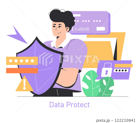 Safety Internet Day concept. Online security and personal data protection. User embracing shield with password and bank card icons. Vector illustration. 122210941