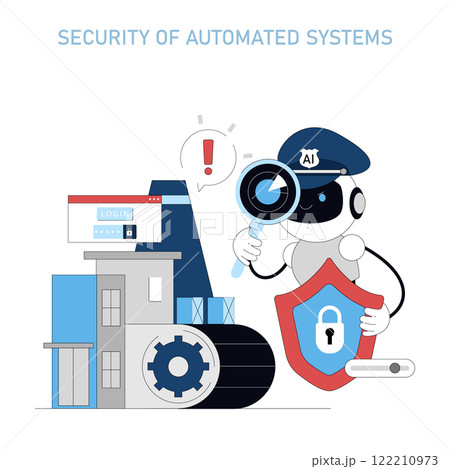 Production Automation concept. Ensuring cybersecurity in industrial settings with AI monitoring. Protecting factory systems and data integrity. Vector illustration. 122210973