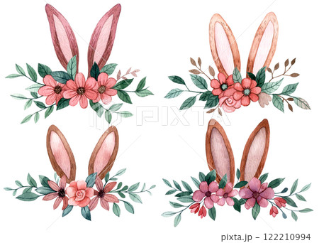 cute watercolor illustration for easter. set of compositions of Easter bunny ears in flowers. simple style cute watercolor illustration for easter. set of compositions of Easter bunny ears in flowers. simple style 122210994
