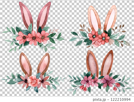 cute watercolor illustration for easter. set of compositions of Easter bunny ears in flowers. simple style cute watercolor illustration for easter. set of compositions of Easter bunny ears in flowers. simple style 122210994