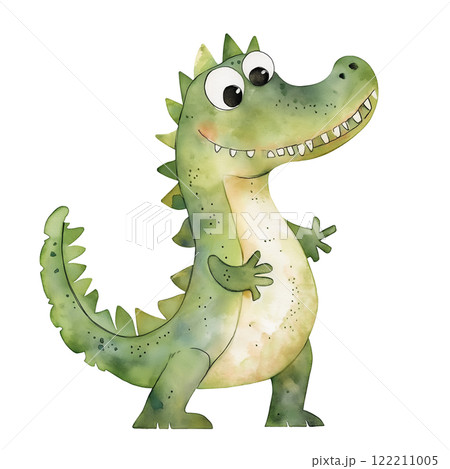 Watercolor cute green crocodile with big eyes, isolated on white background. 122211005