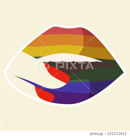Rainbow pride day mouth sticker. LGBT lip for print. Sensual biting lips with rainbow lipstick Rainbow pride day mouth sticker. LGBT lip for print. Sensual biting lips with rainbow lipstick 122211012