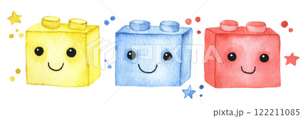 cute illustration for children, set of toys brick blocks. toy for boys, watercolor clip art. 122211085