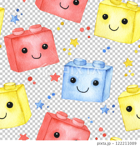 cute seamless pattern for children, toy brick block. print for boys, watercolor illustration. 122211089