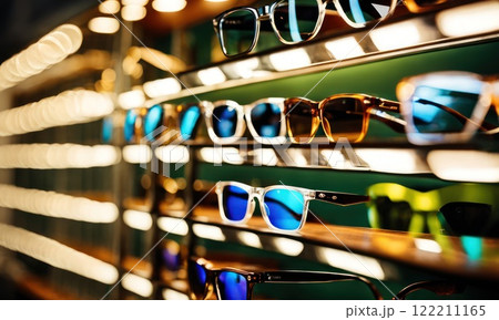 Spectacle optics shop, fashion glasses on display on the shelf of the optical store mall. Eyeglasses in optical store, fashion, different glasses on white shelf in shopping mall. AI 122211165
