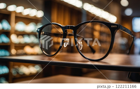 Glasses, Eyeglasses Optical Store, Fashion eyewear at night market, Colorful glasses, Glasses on shelf, Glasses in optical store shopping mall (Selective Focus). AI 122211166