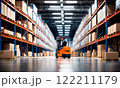 Warehouse inventory product stock for logistic background, Long shelves with a variety of boxes. Retail store full of goods in cartons with pallets and forklifts. Transportation distribution center 122211179