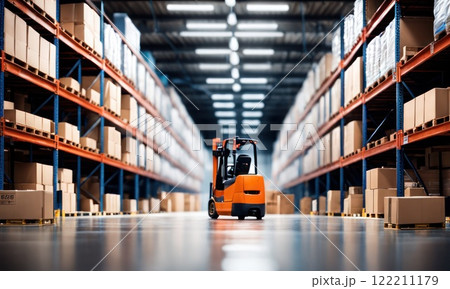Warehouse inventory product stock for logistic background, Long shelves with a variety of boxes. Retail store full of goods in cartons with pallets and forklifts. Transportation distribution center 122211179