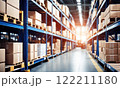 Warehouse inventory product stock for logistic background, Long shelves with a variety of boxes. Retail store full of goods in cartons with pallets and forklifts. Transportation distribution center 122211180