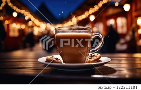 Merry Christmas and Happy Holidays. A cup of hot drink and cookies with background of the lights of Christmas market. Cup of coffee on the window sill. Bright lights of the city hristmas background. Merry Christmas and Happy Holidays. A cup of hot drink and cookies with background of the lights of Christmas market. Cup of coffee on the window sill. Bright lights of the city hristmas background. 122211181