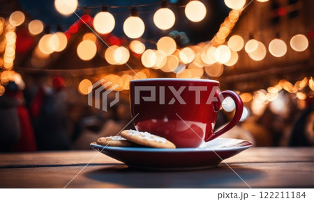Merry Christmas and Happy Holidays. A cup of hot drink and cookies with background of the lights of Christmas market. Cup of coffee on the window sill. Bright lights of the city hristmas background. 122211184