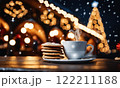 Merry Christmas and Happy Holidays. A cup of hot drink and cookies with background of the lights of Christmas market. Cup of coffee on the window sill. Bright lights of the city hristmas background. 122211188
