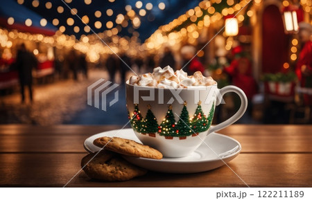 Merry Christmas and Happy Holidays. A cup of hot drink and cookies with background of the lights of Christmas market. Cup of coffee on the window sill. Bright lights of the city hristmas background. Merry Christmas and Happy Holidays. A cup of hot drink and cookies with background of the lights of Christmas market. Cup of coffee on the window sill. Bright lights of the city hristmas background. 122211189