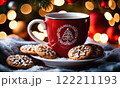 Merry Christmas and Happy Holidays. A cup of hot drink and cookies with background of the lights of Christmas market. Cup of coffee on the window sill. Bright lights of the city hristmas background. 122211193