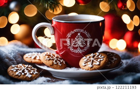 Merry Christmas and Happy Holidays. A cup of hot drink and cookies with background of the lights of Christmas market. Cup of coffee on the window sill. Bright lights of the city hristmas background. 122211193