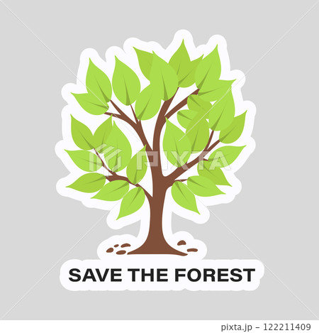 Save forest slogan on ecology sticker in flat design. Green tree eco label. Vector illustration isolated. Save forest slogan on ecology sticker in flat design. Green tree eco label. Vector illustration isolated. 122211409