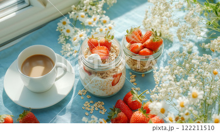 delightful breakfast scene featuring yogurt, oats, and fresh strawberries 122211510
