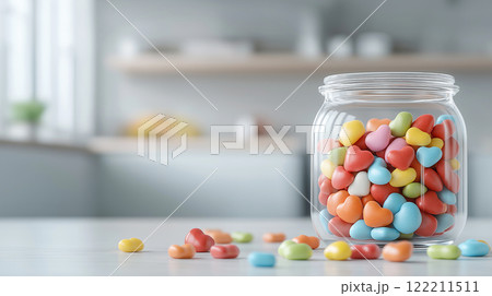 Colorful heart shaped candies in glass jar create cheerful atmosphere 122211511