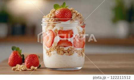 Delicious yogurt parfait with strawberries and granola, perfect for breakfast! 122211512