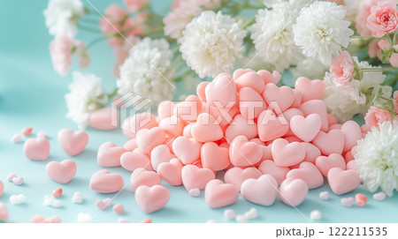 Sweet pink heart candies surrounded by delicate flowers create charming scene 122211535